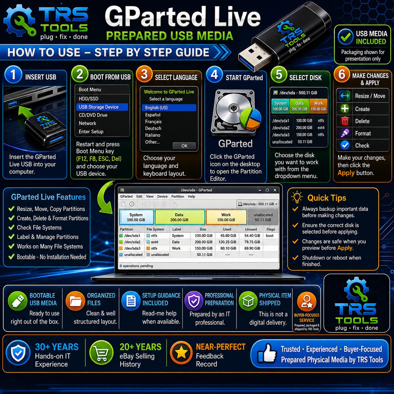 GParted Live USB Prepared Boot Media Partition Editor Utility