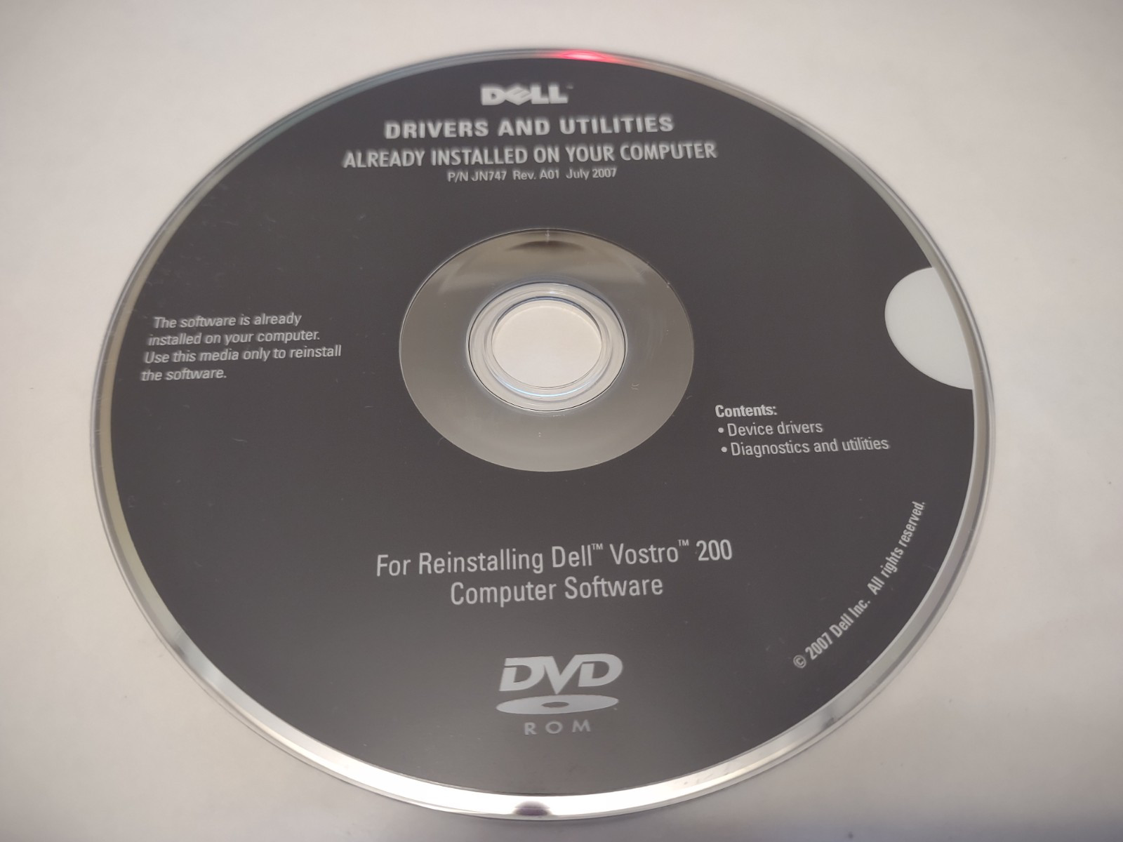 Dell Drivers And Utilities DVD, For Dell Vostro 200, JN747, Rev.A01, July 2007