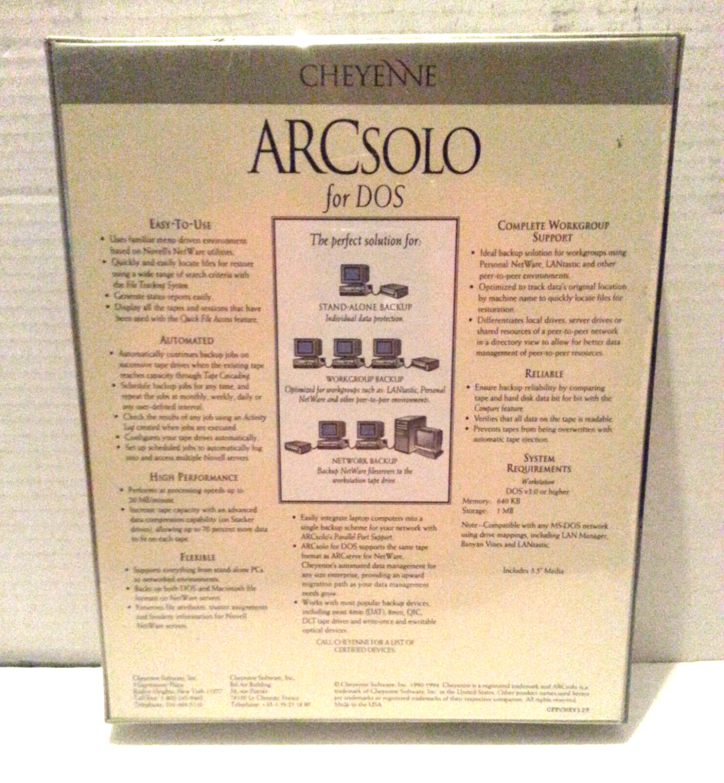 Cheyenne ARCsolo for DOS V2.2 Complete Backup Software PC Workgroup SEALED!