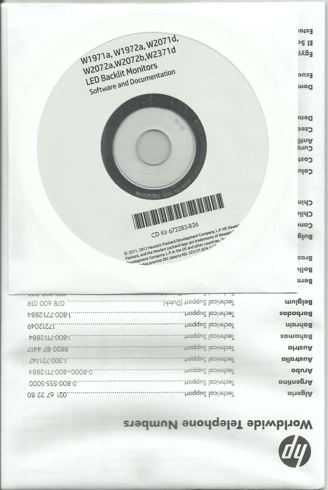 HP Driver SOFTWARE CD Kit 672285-B26 for led monitor W2072A W2072B LV2011