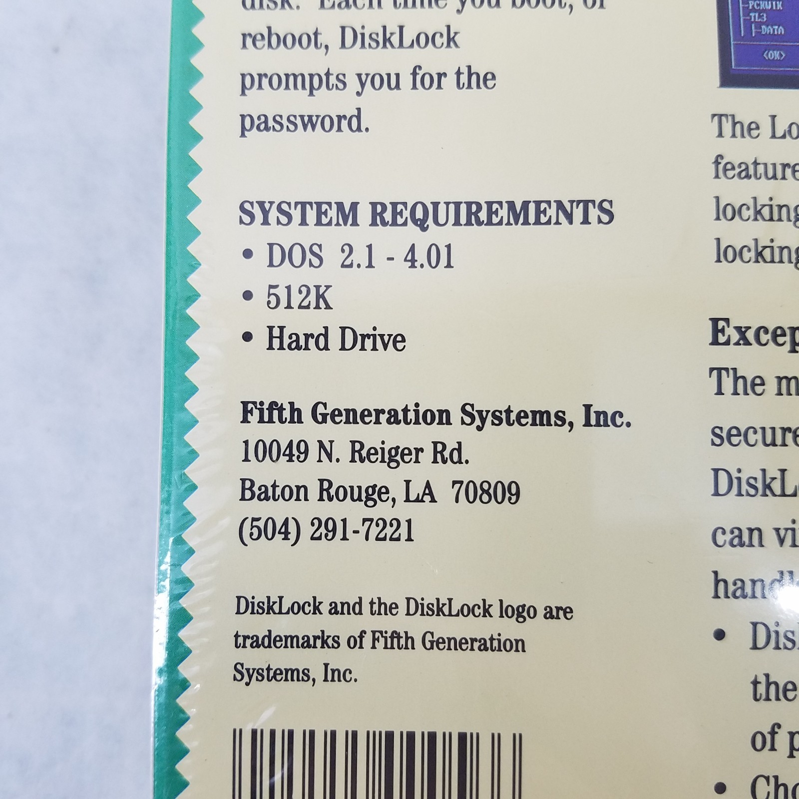 Disklock Fifth Generation Systems IBM PC/XT/AT, PS-2 Vintage Software – SEALED