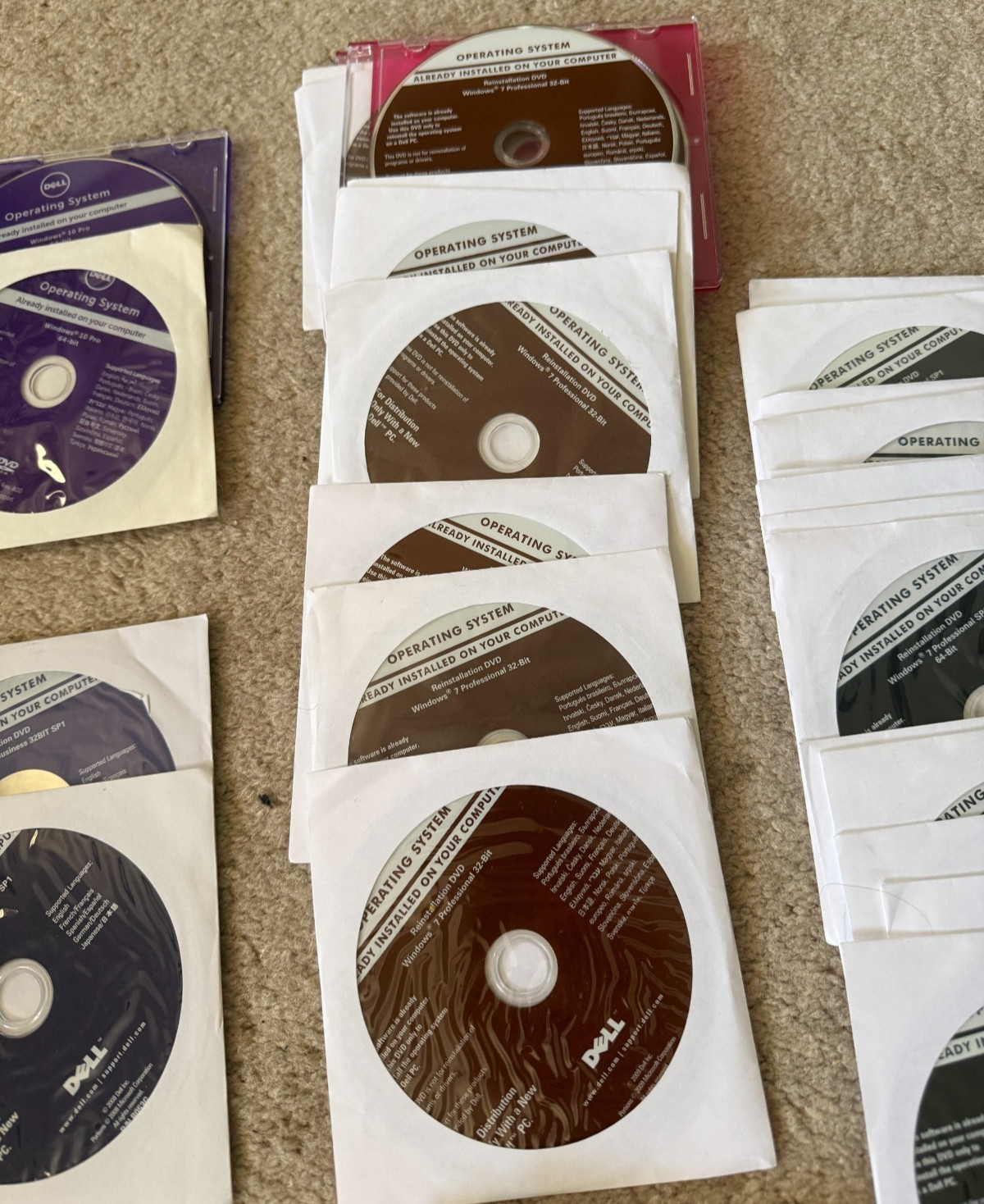 Lot of 57 OEM Dell Reinstallation Discs Windows XP Vista, 7, 8, 10 32 64 Pro USB