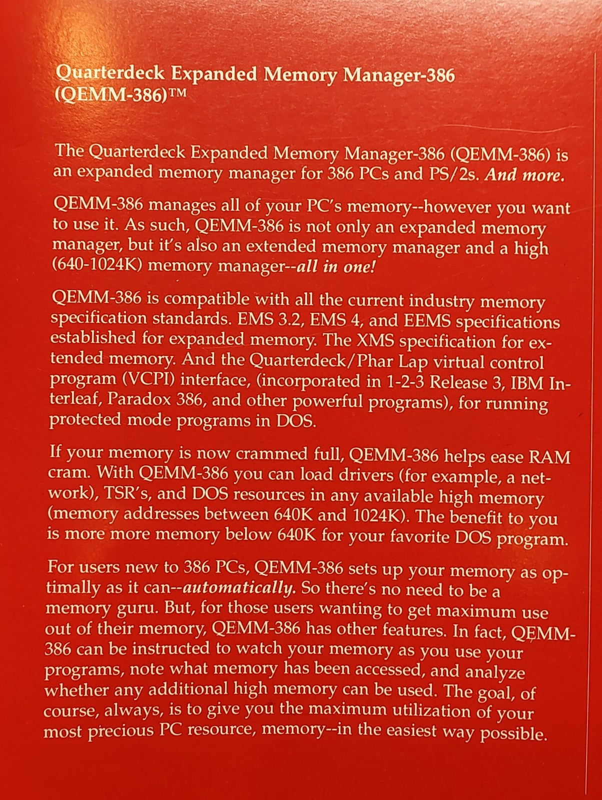 QEMM Quarterdeck Expanded Memory Manager 386 Vintage DOS Floppy w/Box and Manual