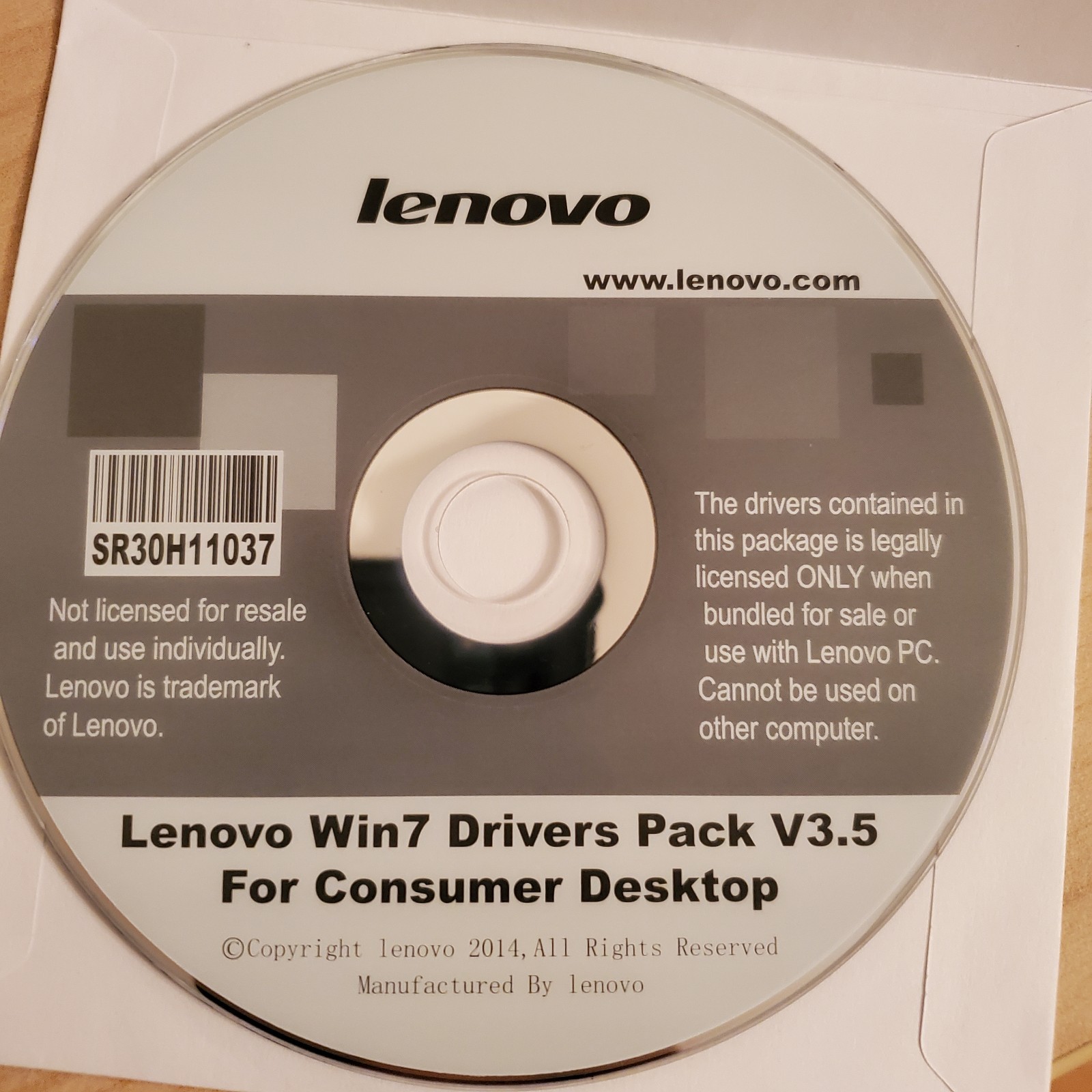 Lenovo Win7 Drivers Pack CD V3.5 Desktop SR30H11037 VERY CLEAN