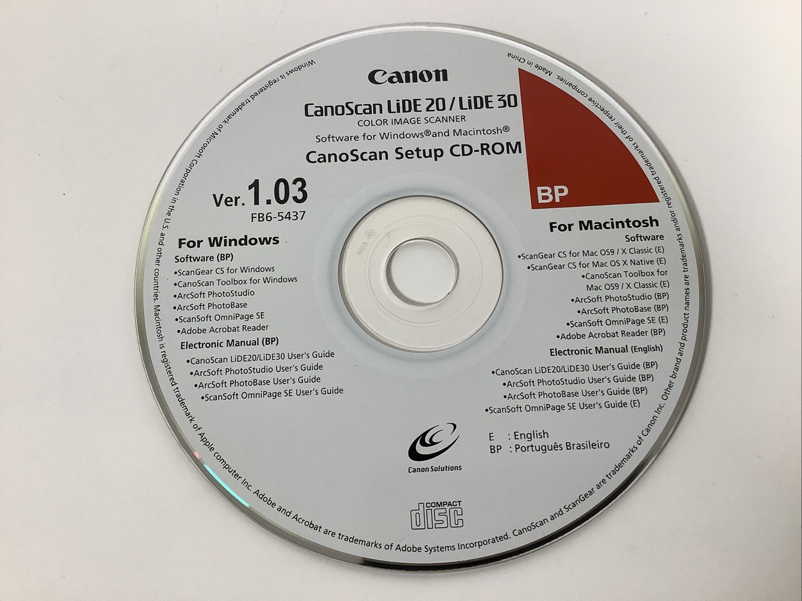 Canon CanoScan Lide 20 / Lide 30 Version 1.03 Setup CD ROM