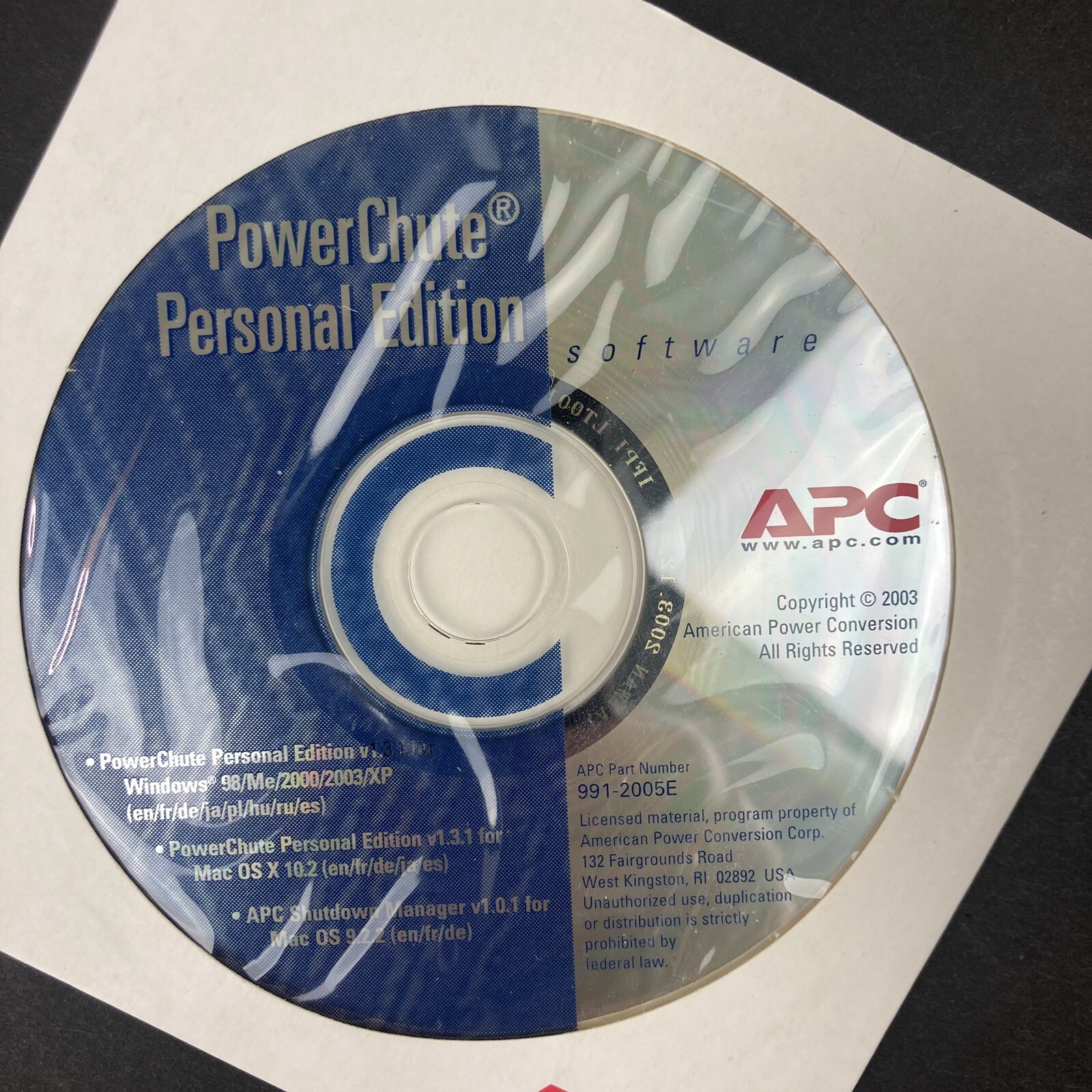 APC PowerChute Personal Software v1.3.1 Windows 98/Me/2000/2003/XP Mac OSX 10.2