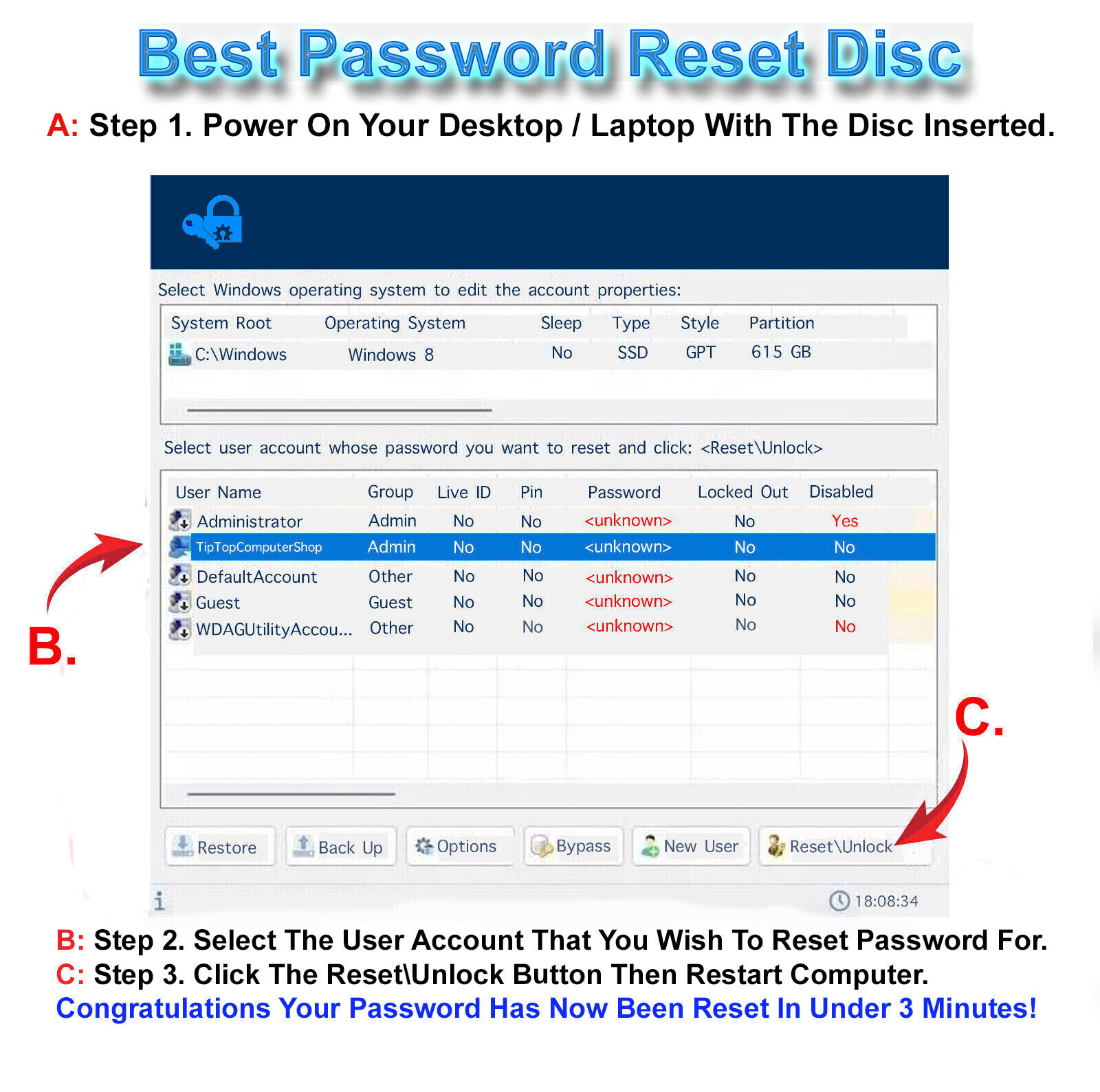 Windows Instant Password Reset Disc for Win 11, 10, 8.5, 8, 7, XP, Vista, Server