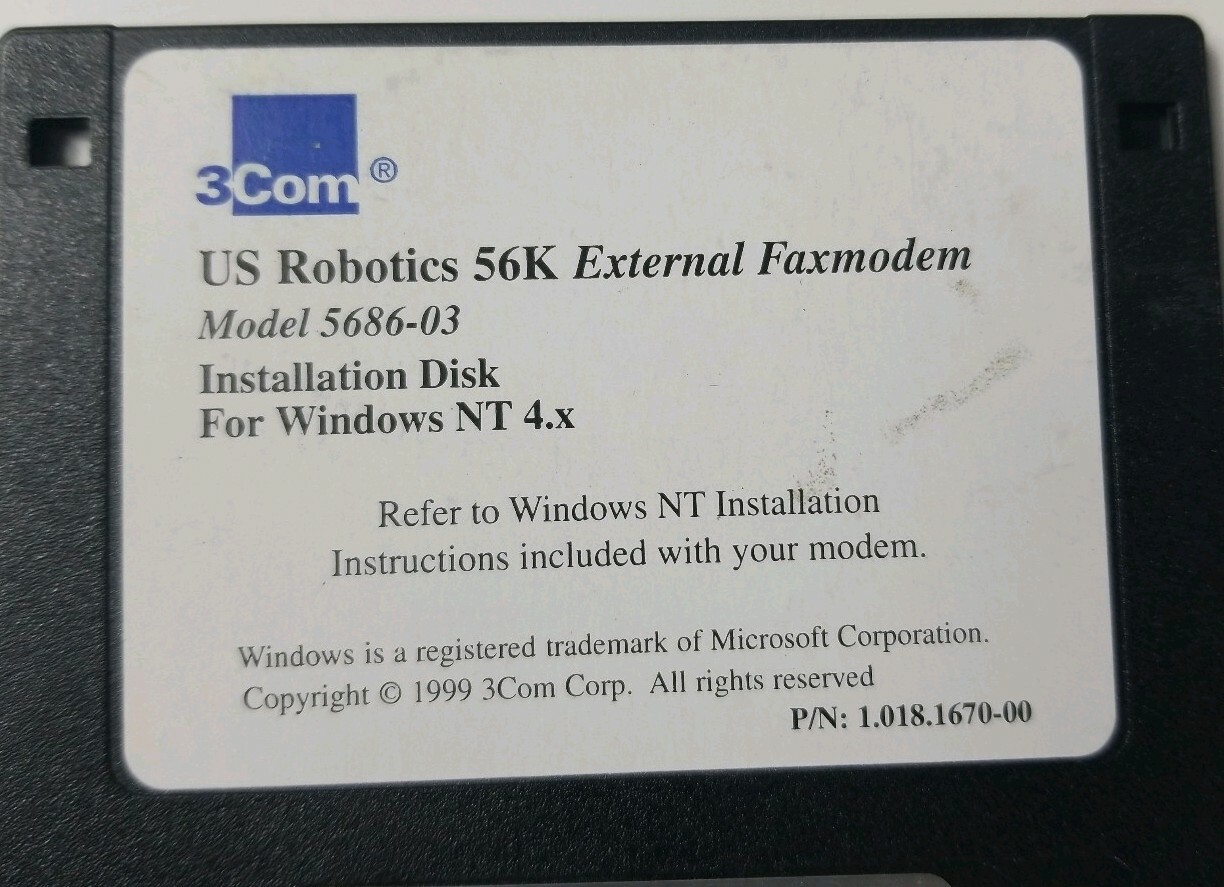 US Robotics 56K Extetnal Fax Modem Model 568603 Installation Diskette Windows NT