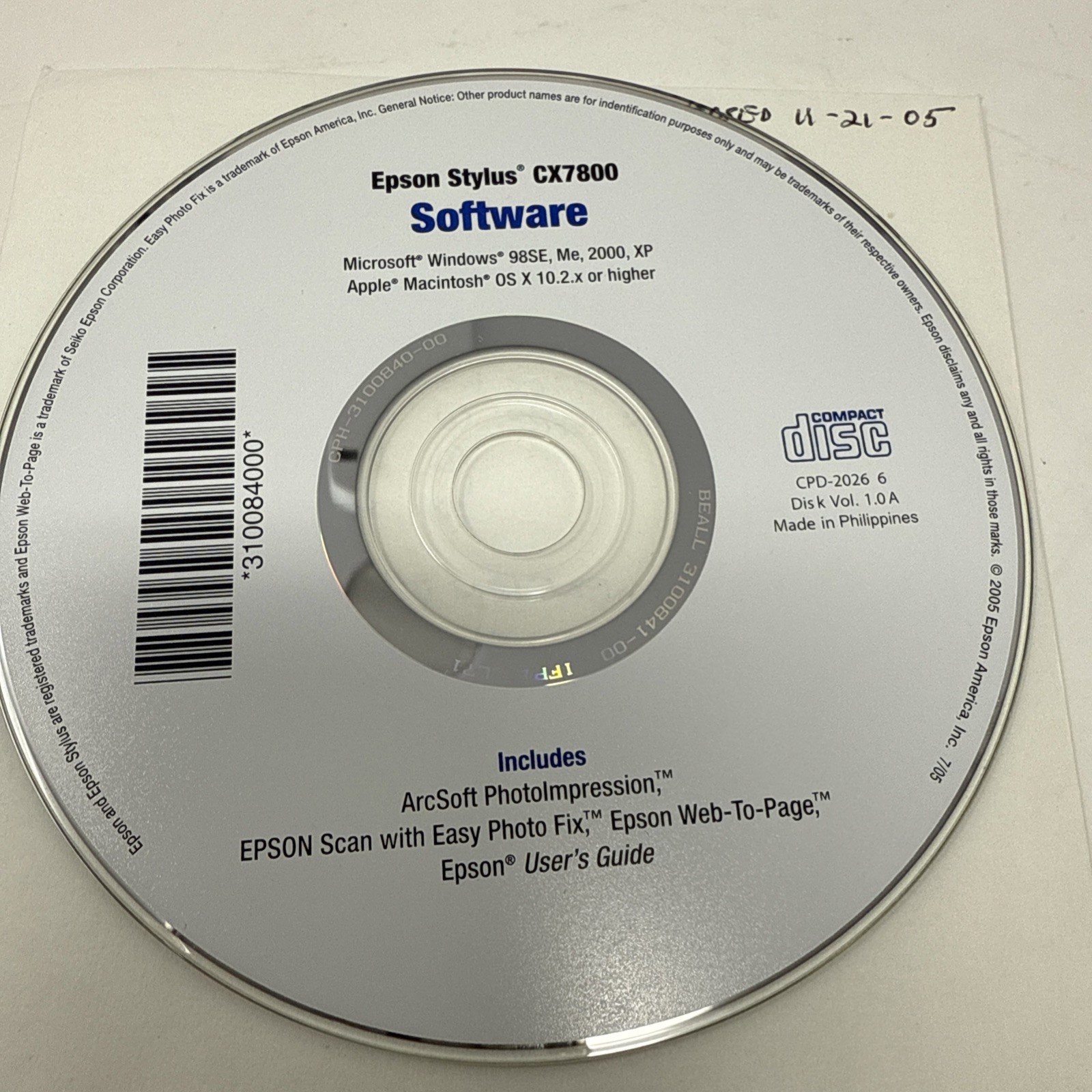 Epson Stylus CX7800 Inkjet Printer Software Windows 98SE Me XP Mac OS X 10.2.x+