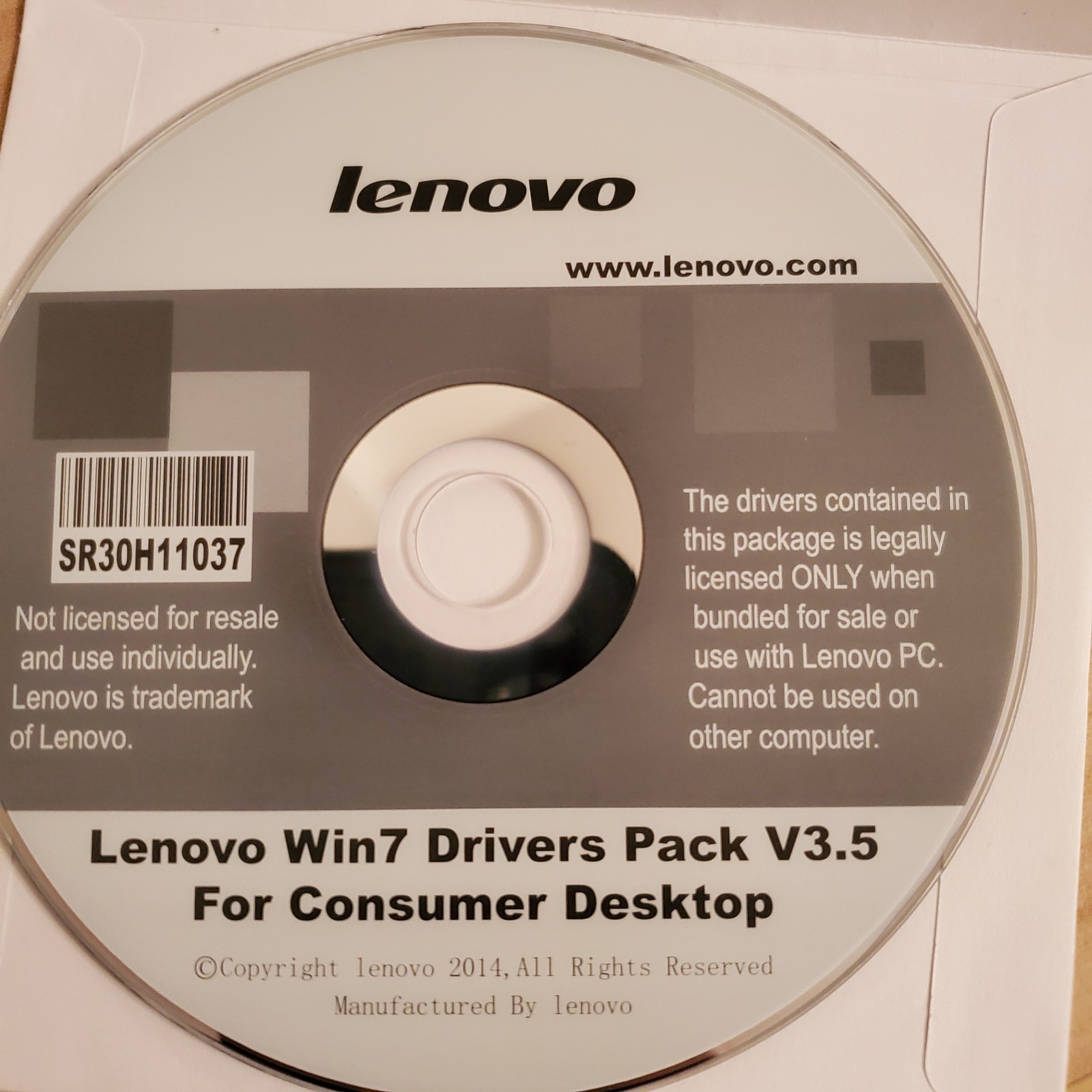 Lenovo Win7 Drivers Pack CD V3.5 Desktop SR30H11037 VERY CLEAN