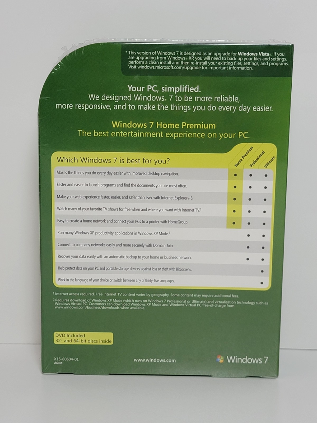 Microsoft Windows 7 Home Premium Upgrade 32 & 64 Bit DVDs MS WIN New Retail Box