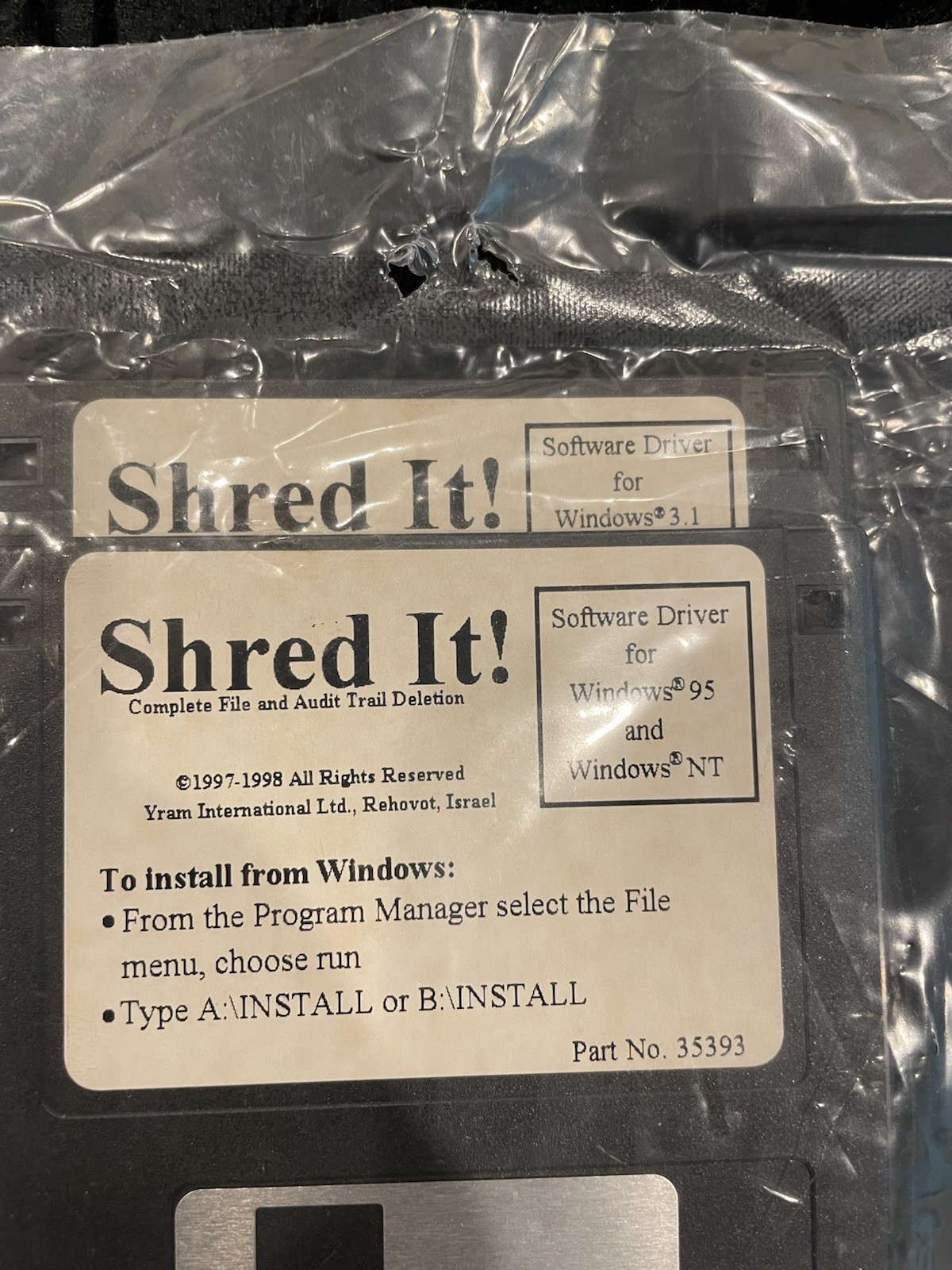 Shred It! for Windows 95 NT 3.1 Workgroups | New – no documentation – 3.5″ disks