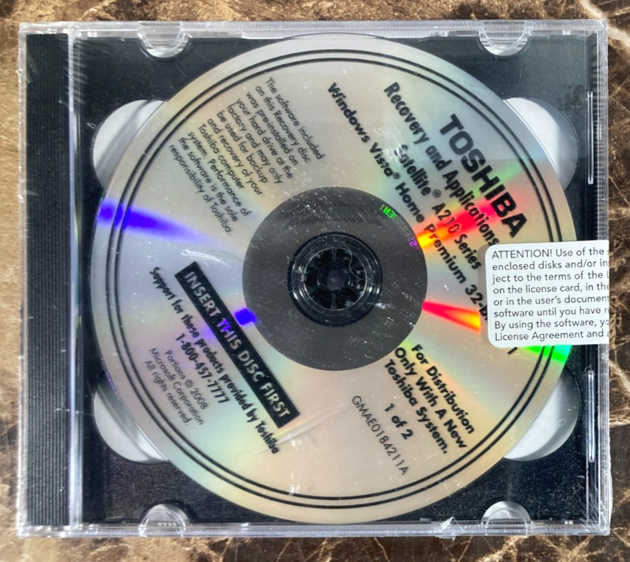 Toshiba Satellite A210 Laptop Recovery Applications/Driver CD-Rom NEW Vista