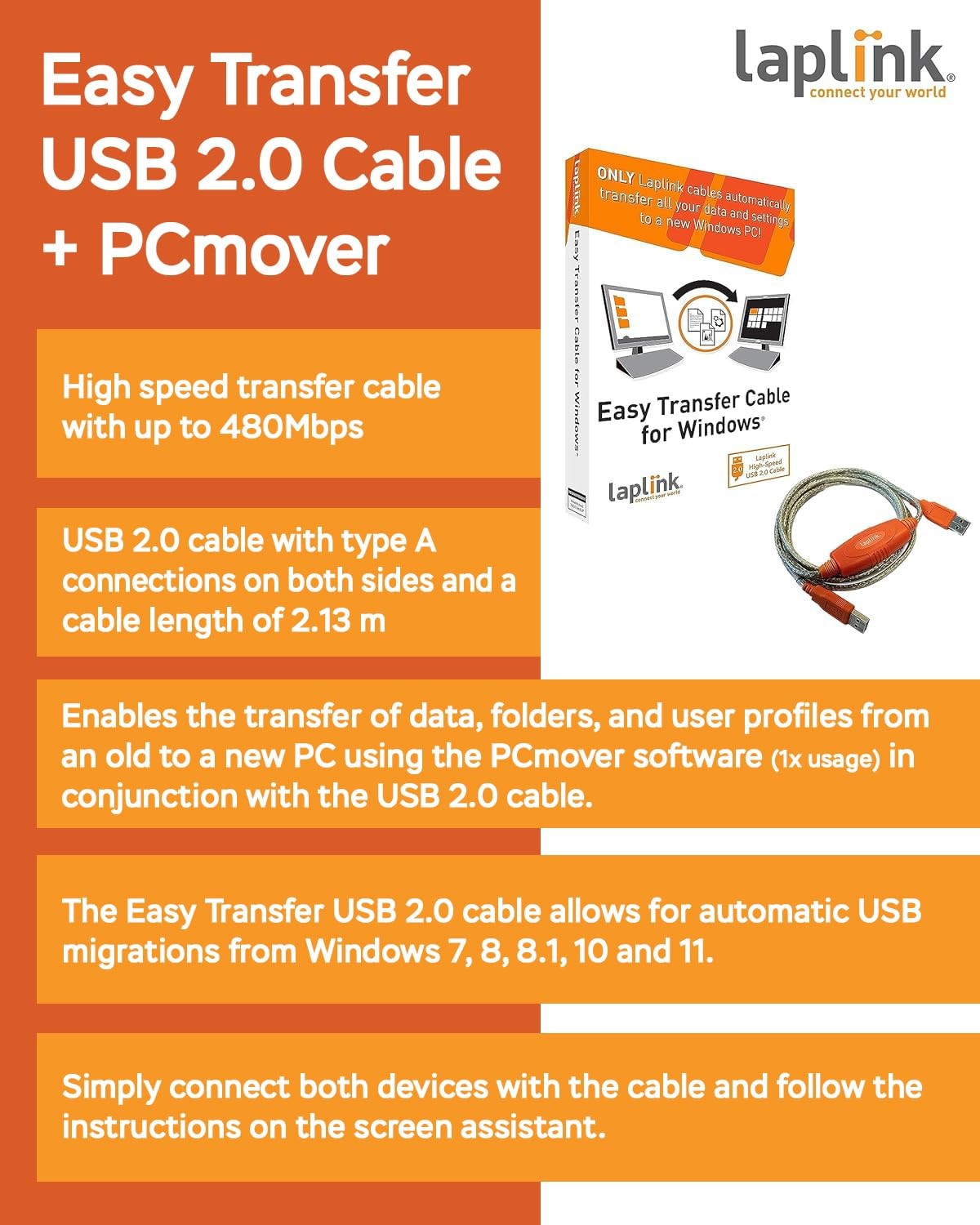 LAPLINK Easy Transfer Cable for Windows 11 – USB 2.0 PC to PC Cable with PCmover
