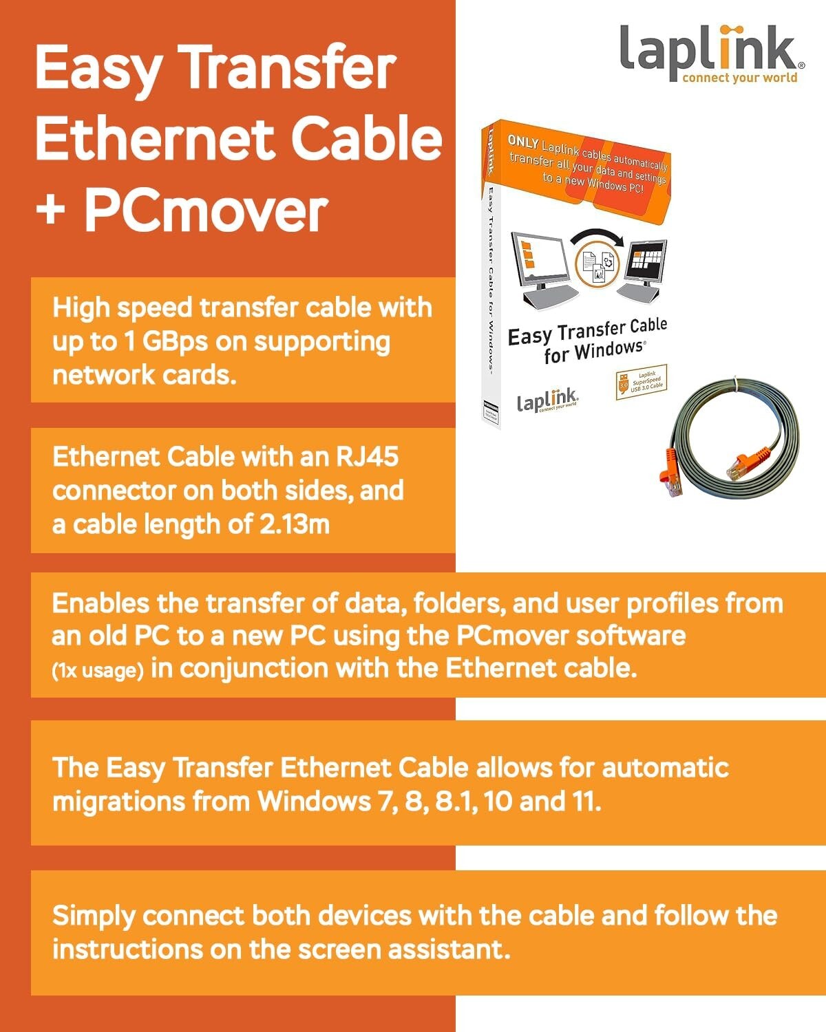 “Laplink Easy Transfer Cable for Windows, Includes Pcmover Express Software and