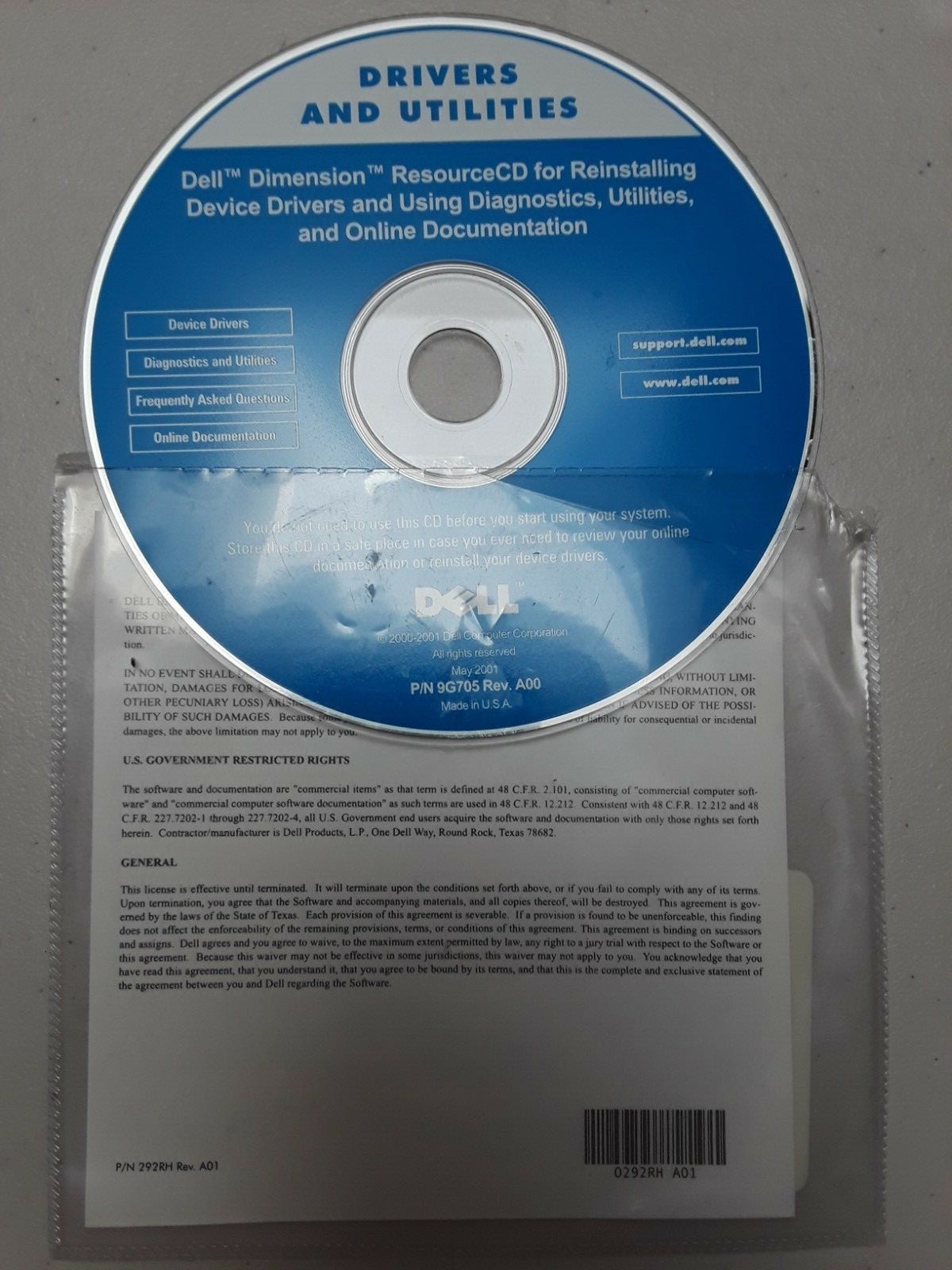 Dell Drivers & Utilities ResourceCD for Reinstalling 9G705 REV A00 ~ CD-ROM
