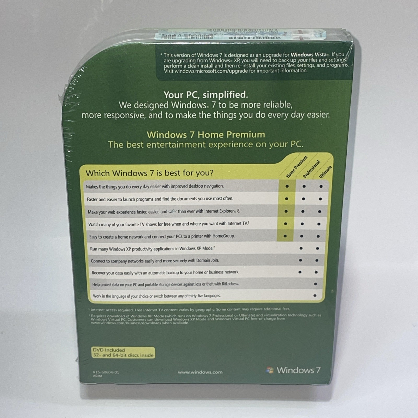 Microsoft Windows 7 Home Premium Upgrade 32 & 64 Bit DVDs MS WIN New Retail Box