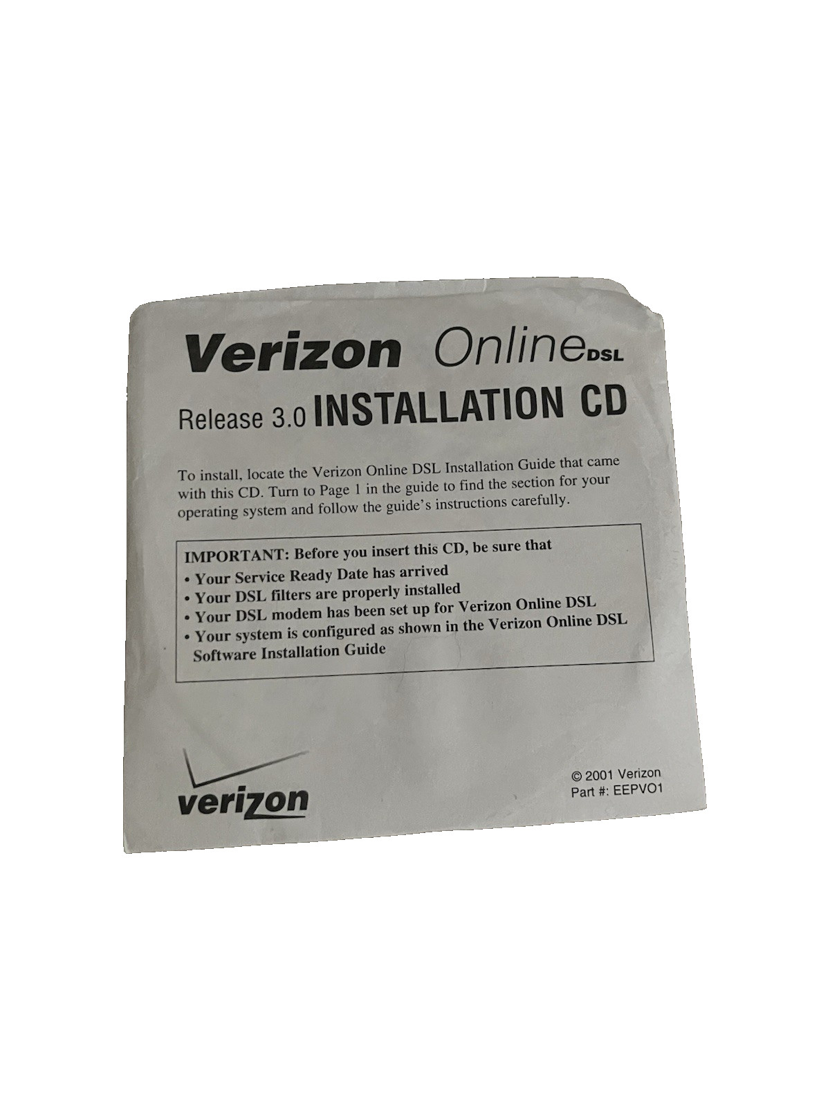Verizon Online DSL Installation CD Release 3.0 Windows Mac Software 2001