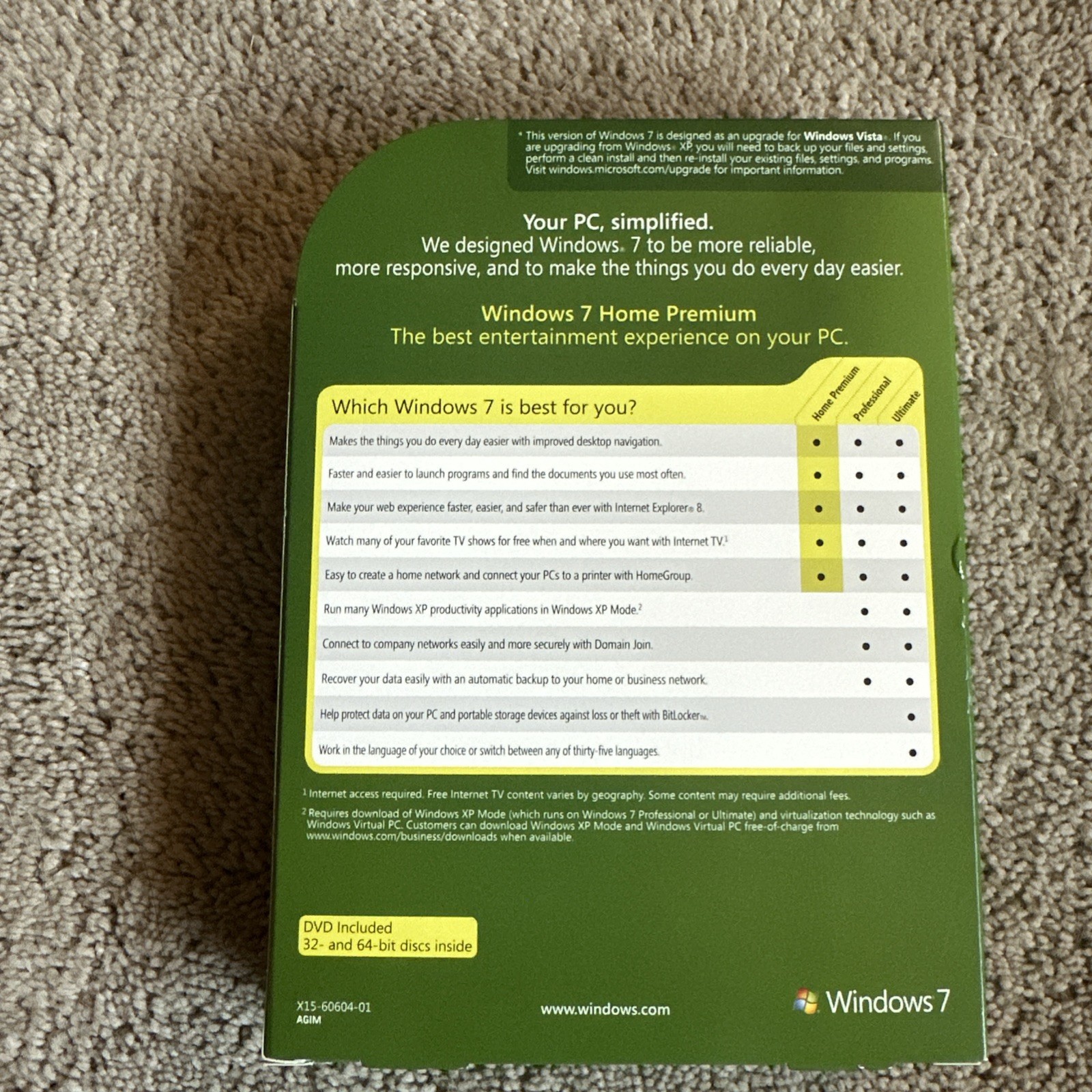 Microsoft Windows 7 Home Premium Upgrade 32 Bit & 64 Bit DVDs Complete w/ Key