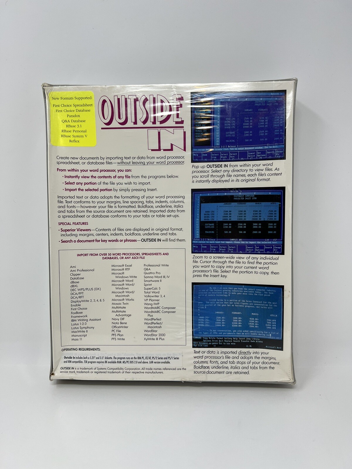 OUTSIDE IN Business Software for Word Processor Spreadsheet Database Formats