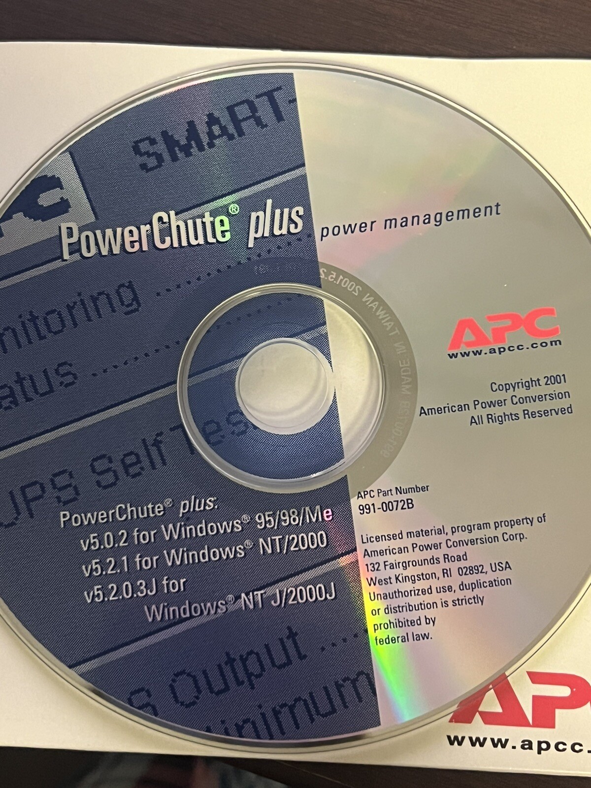 APC Power Chute plus power management software for windows 991-0072B