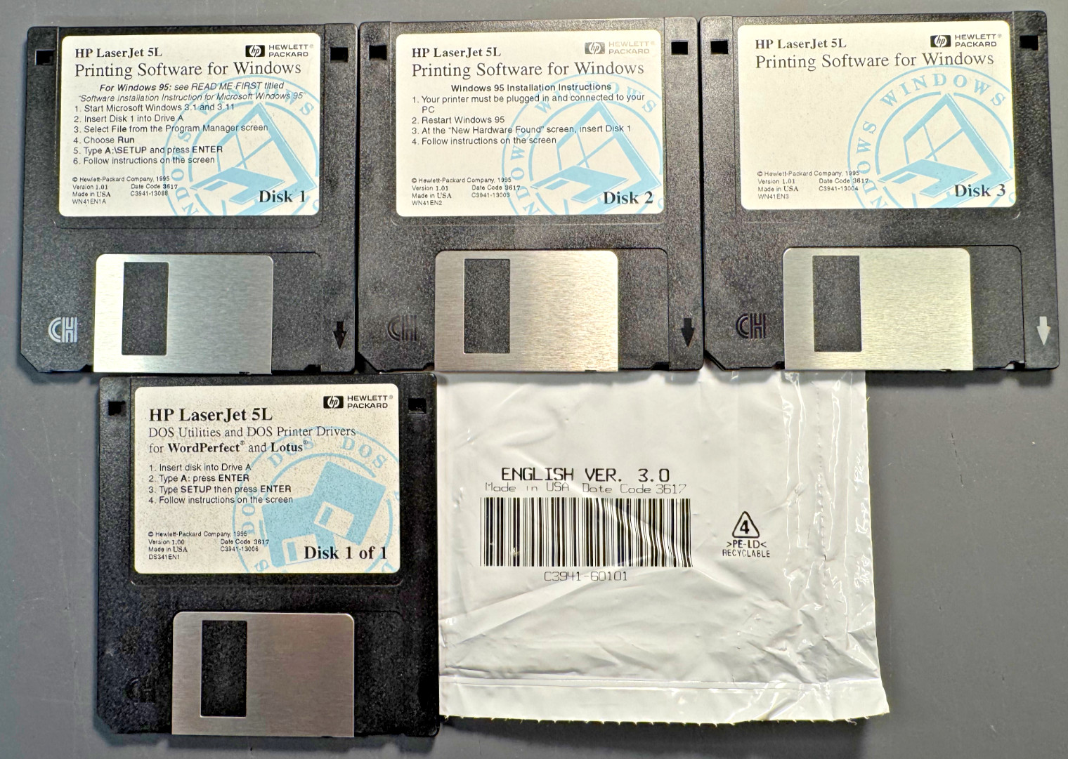 (VG) HP LaserJet 5L Drivers 3.5″ Floppy Disk Set Windows DOS WordPerfect Lotus
