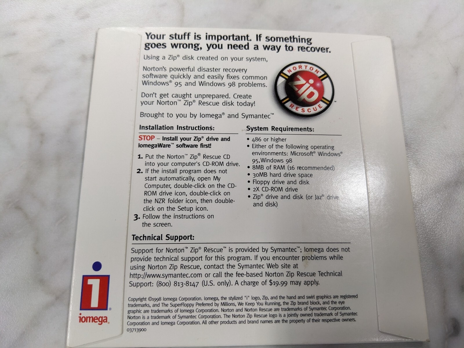 Iomega Zip Software CD-ROM Norton Rescue PC Windows 95 & 98 Recovery SYMANTEC