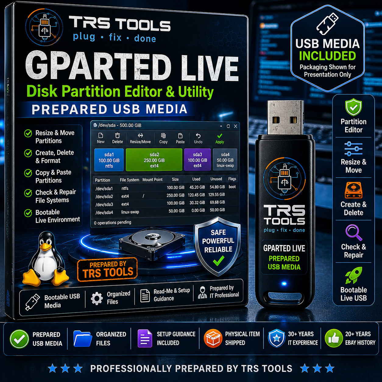 GParted Live USB Prepared Boot Media Partition Editor Utility