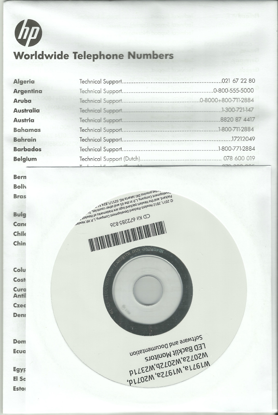HP Driver SOFTWARE CD Kit 672285-B26 for led monitor W2072A W2072B LV2011